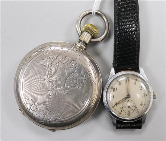 A white metal Longines hunter pocket watch with Roman dial and subsidiary seconds and a gentlemans steel military wrist watch.